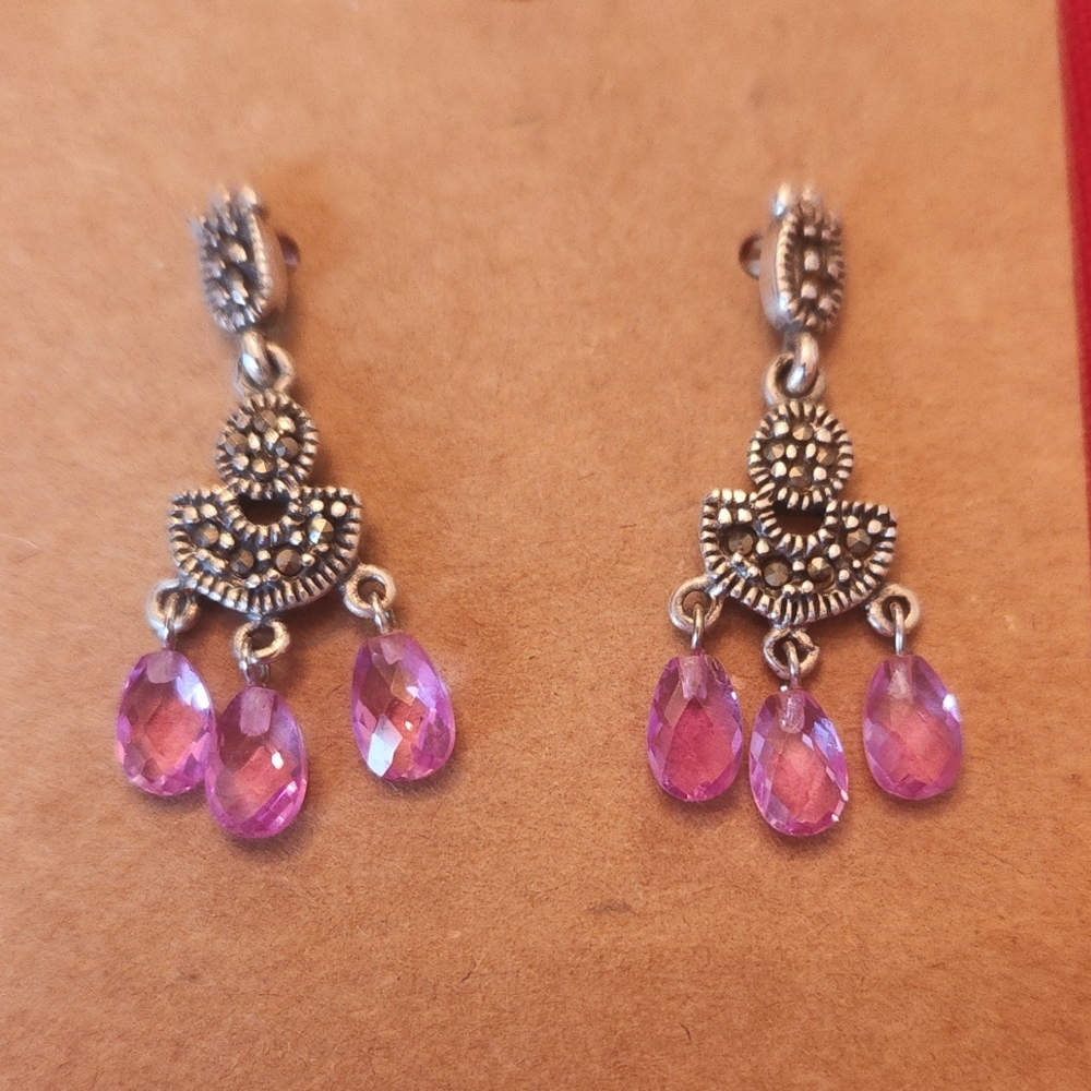 Silver and Pink Teardrop Earrings